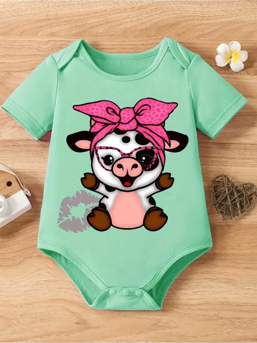 Mint Green Cow Graphic Baby One-Piece with Pink Accents